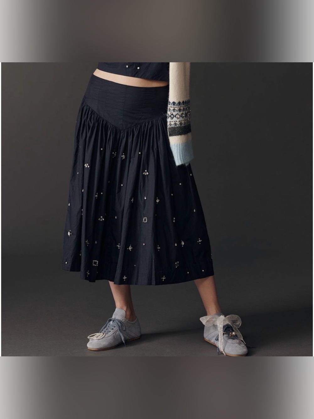 Anthropologie Maeve‎ Nasque Waist Midi Skirt Embellished XL Navy Blue